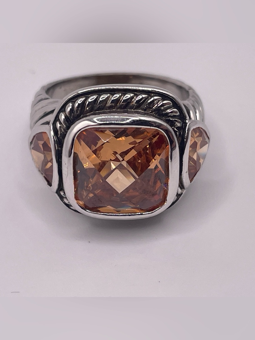 Sterling Silver Ring with Amber-Citrine Square Gem